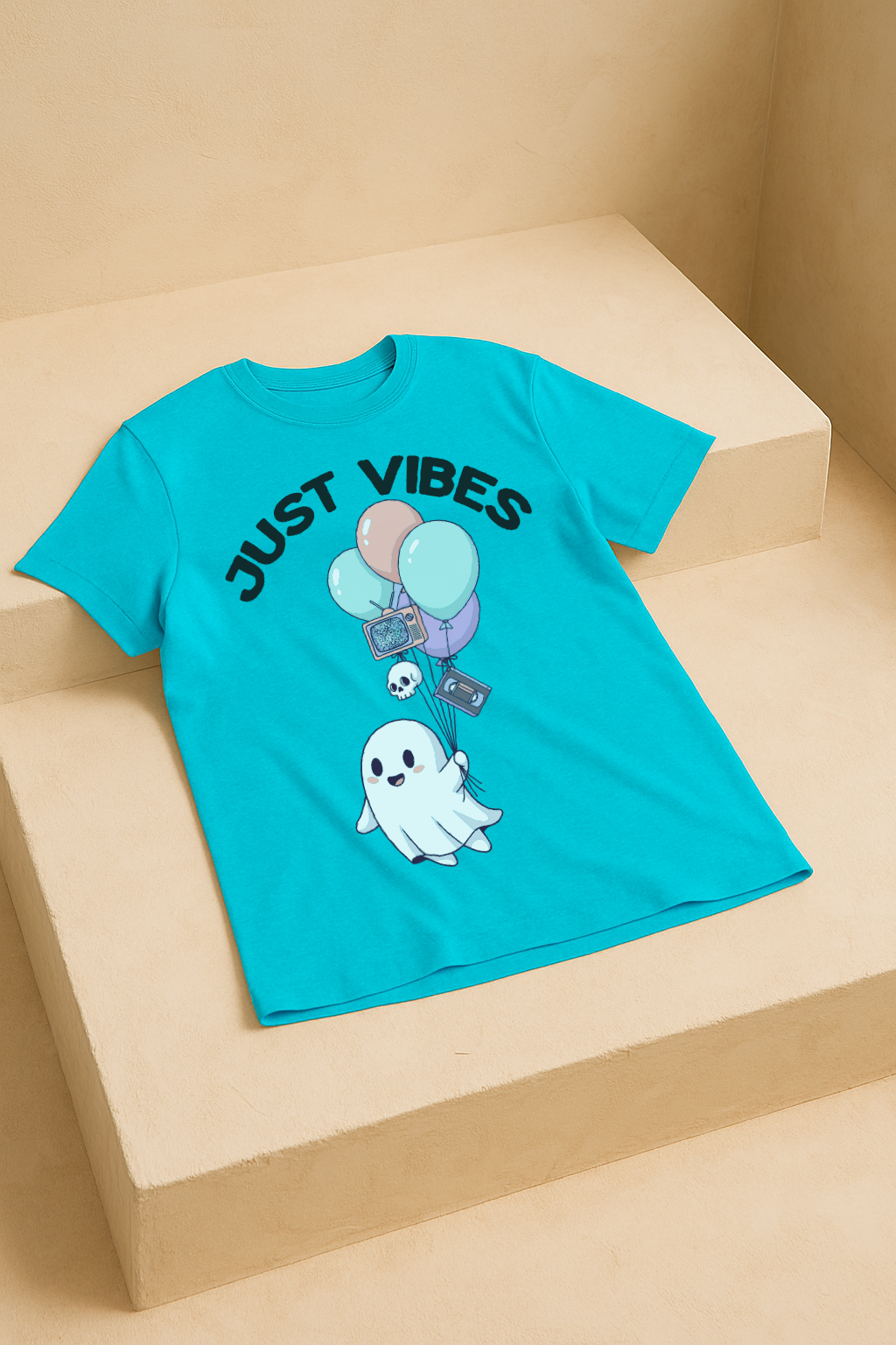 Just Vibes – Cute Ghost Horror Aesthetic Tee (Aqua Blue)