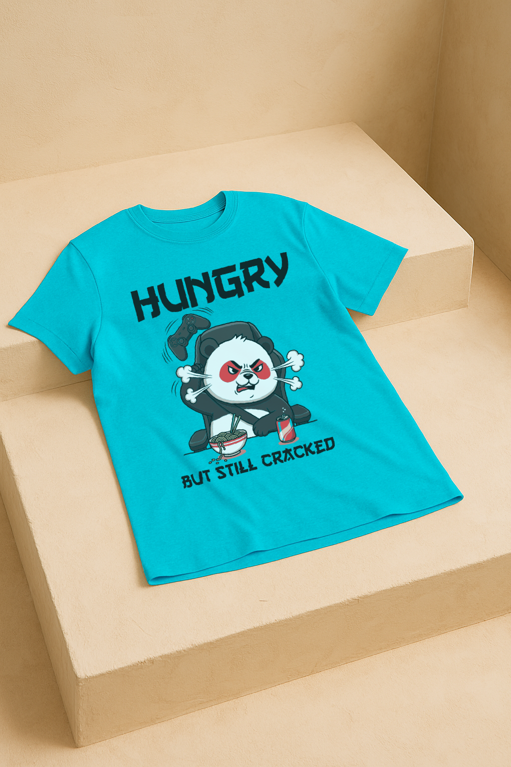 Hungry But Still Cracked โ Gamer Panda Graphic Tee (Aqua Blue)