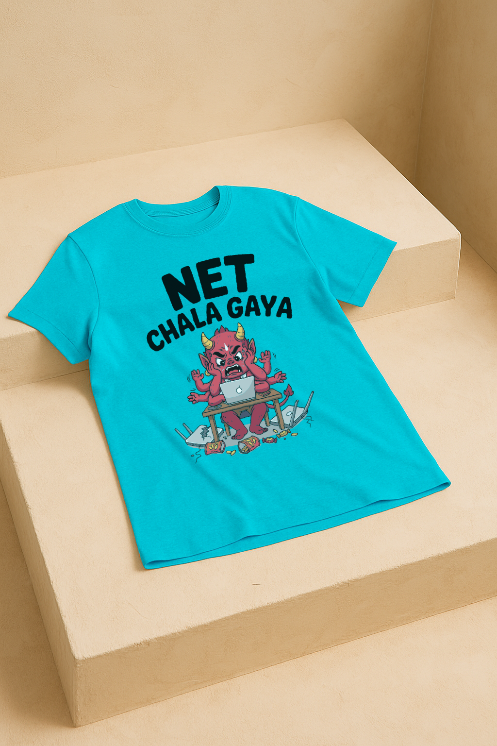 Net Chala Gaya โ Desi Gamer Rage Demon Tee (Aqua Blue)