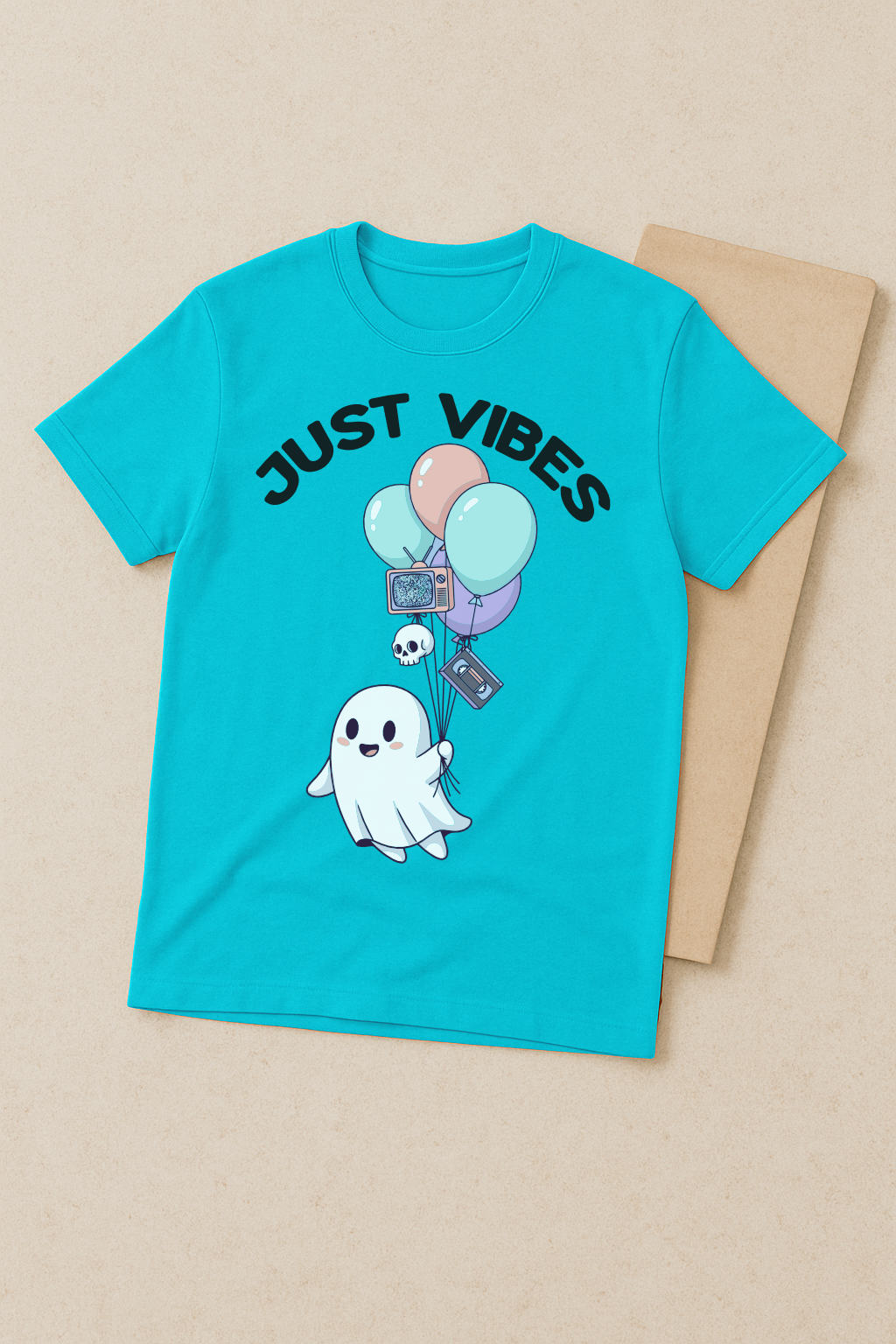 Just Vibes – Cute Ghost Horror Aesthetic Tee (Aqua Blue)