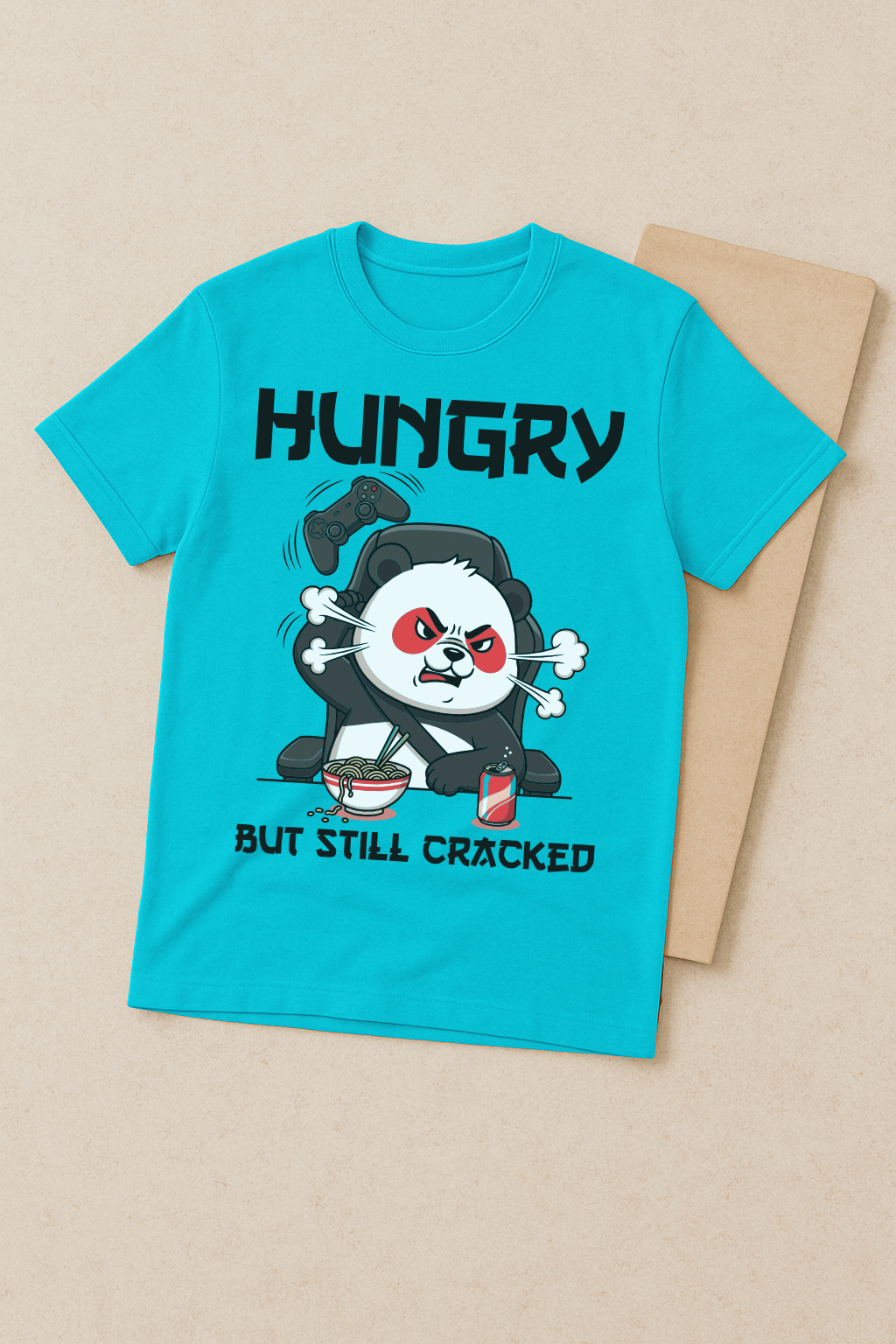 Hungry But Still Cracked โ Gamer Panda Graphic Tee (Aqua Blue)