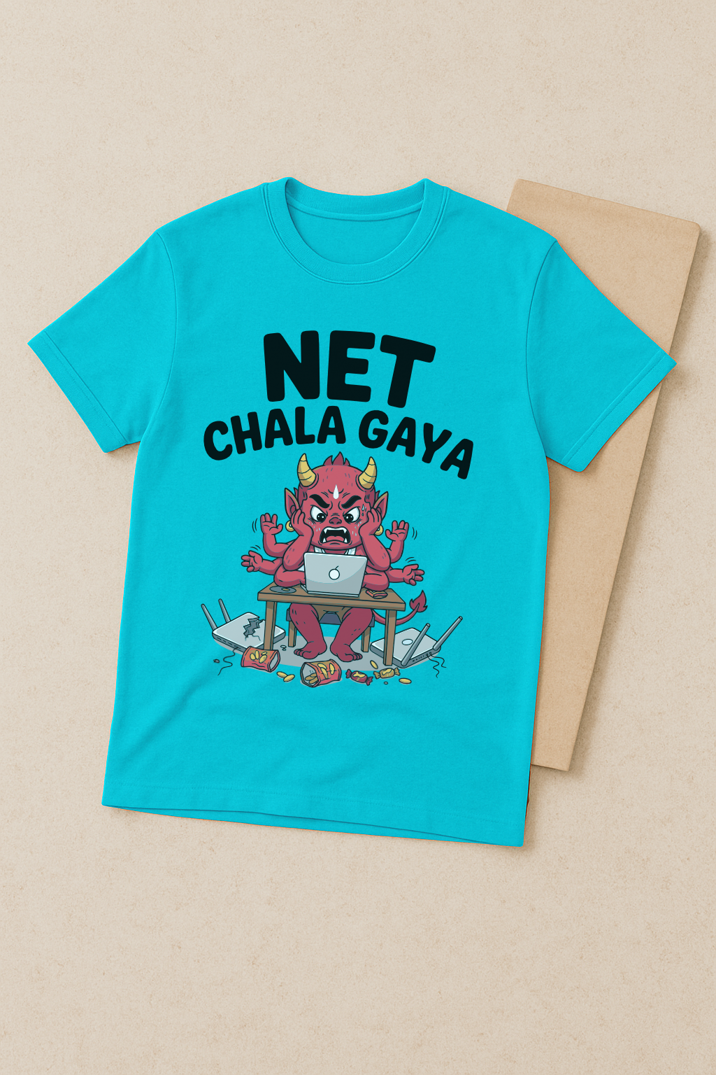 Net Chala Gaya โ Desi Gamer Rage Demon Tee (Aqua Blue)