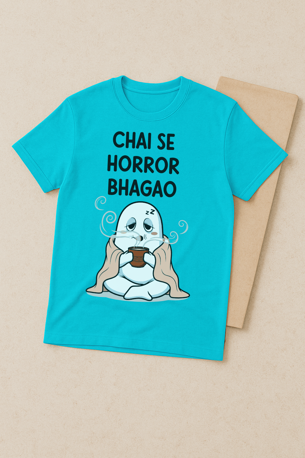 Chai Se Horror Bhagao β Desi Ghost Meme Tee (Aqua Blue)