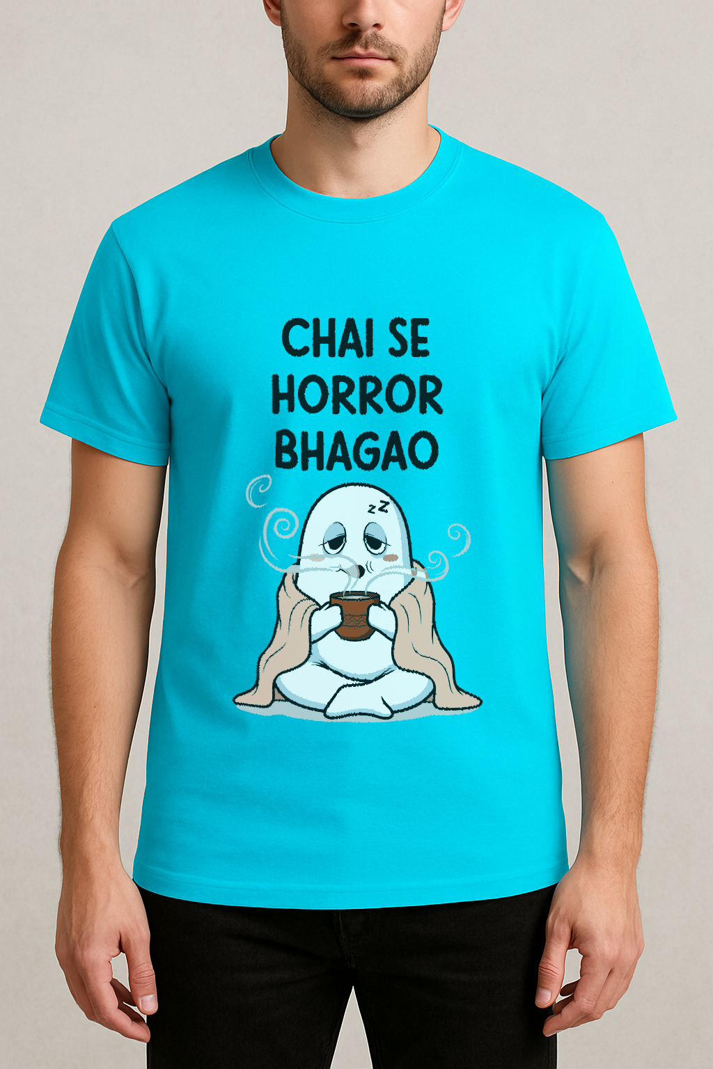 Chai Se Horror Bhagao β Desi Ghost Meme Tee (Aqua Blue)