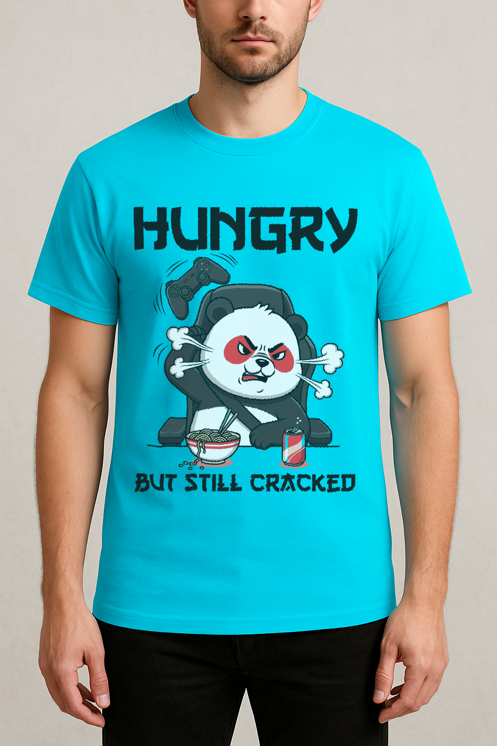 Hungry But Still Cracked โ Gamer Panda Graphic Tee (Aqua Blue)