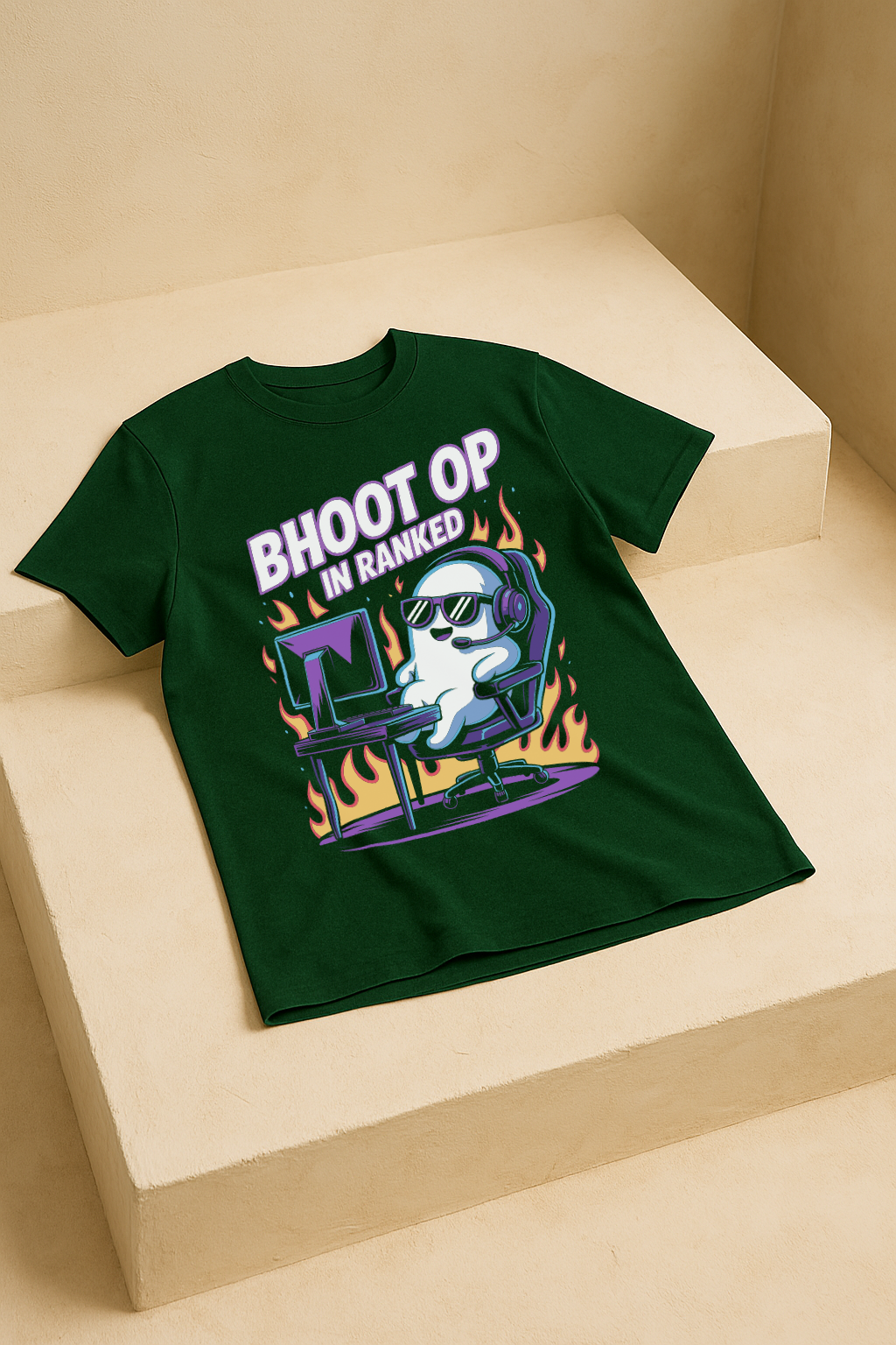 Bhoot OP in Ranked β Ghost Gamer Meme Tee (Bottle Green)