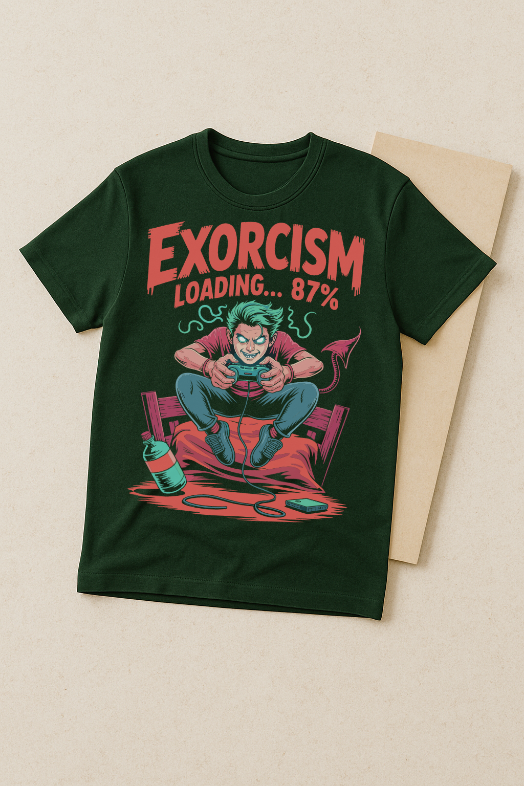 Exorcism Loading 87% – Gamer Horror Graphic Tee (Bottle Green)
