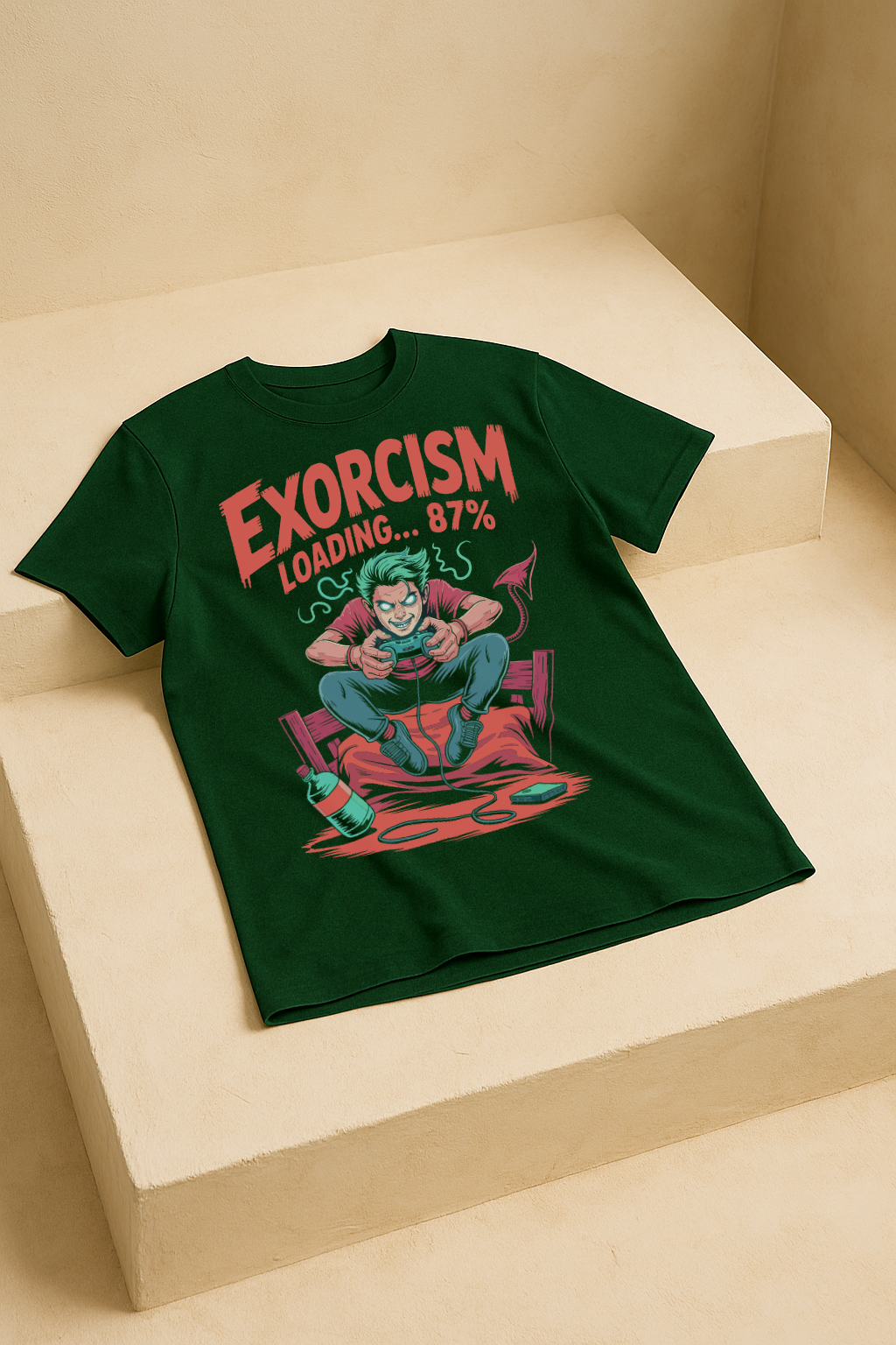 Exorcism Loading 87% – Gamer Horror Graphic Tee (Bottle Green)
