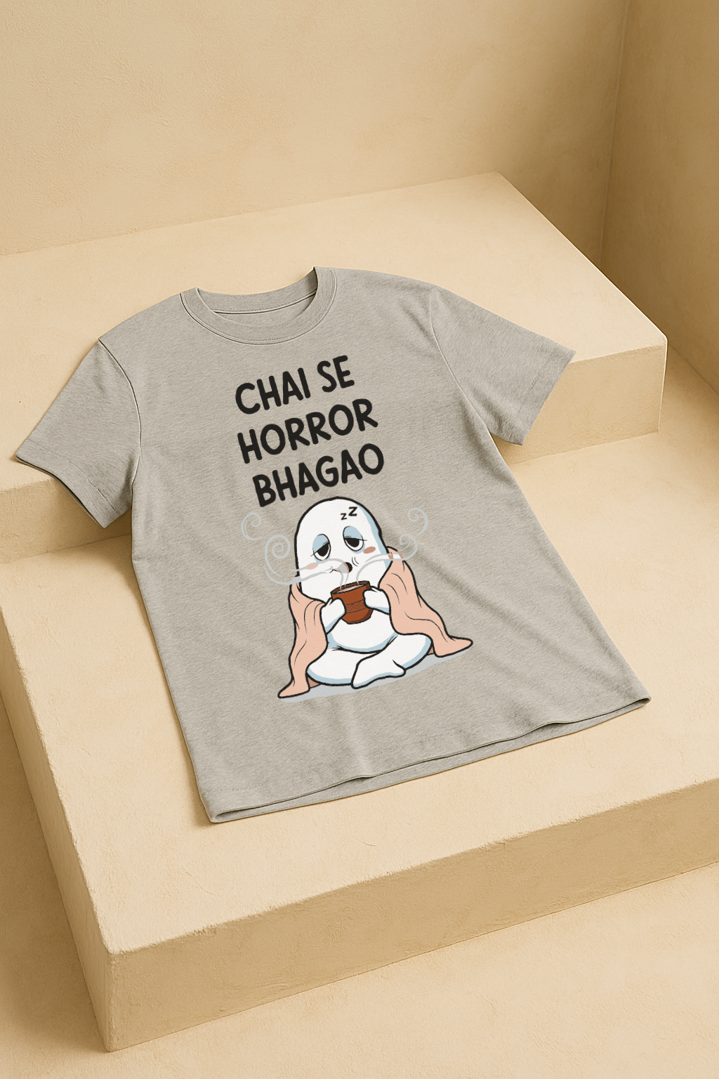 Chai Se Horror Bhagao β Desi Ghost Meme Tee (Melange Gray)
