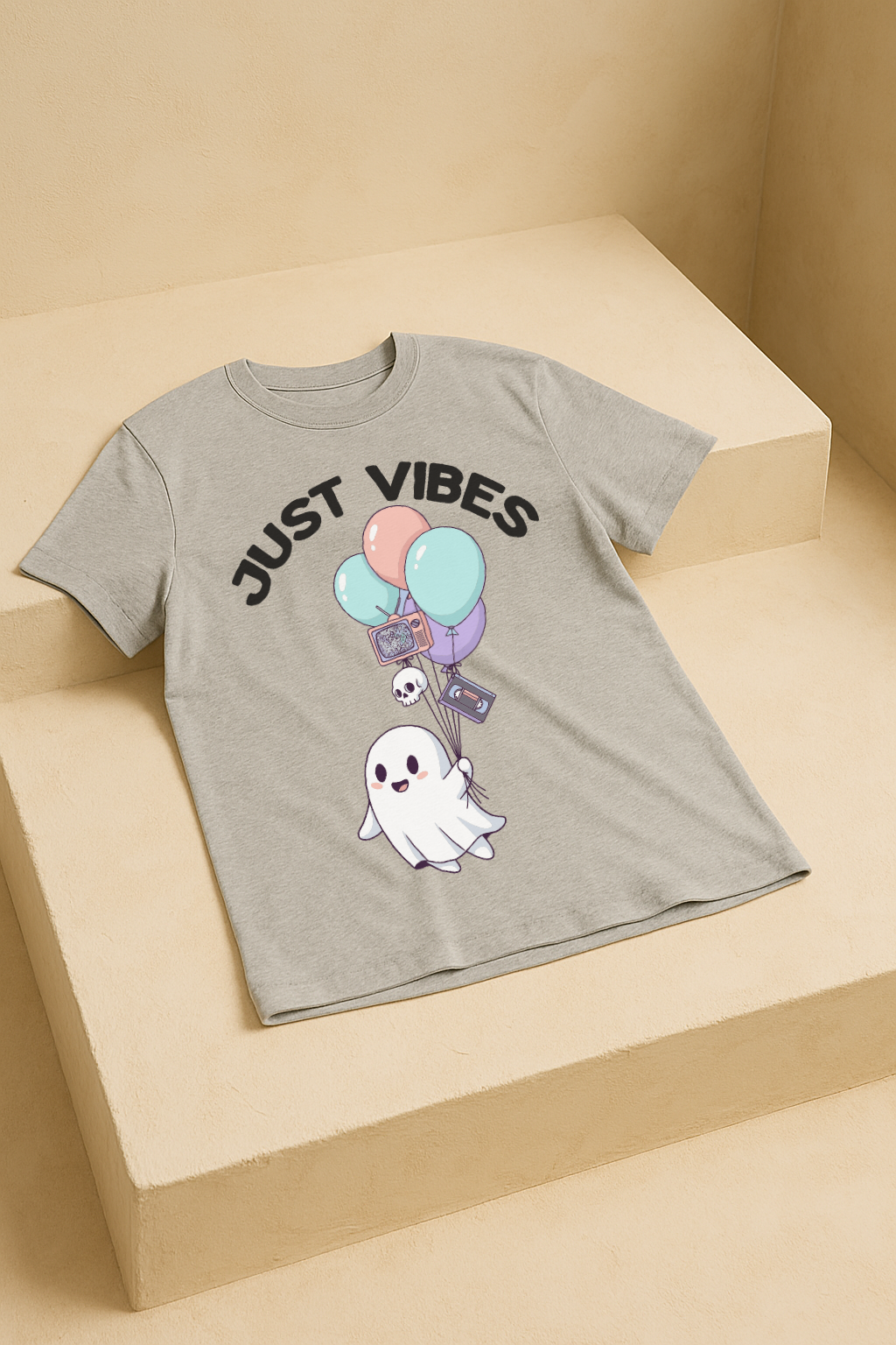 Just Vibes – Cute Ghost Horror Aesthetic Tee (Melange Gray)