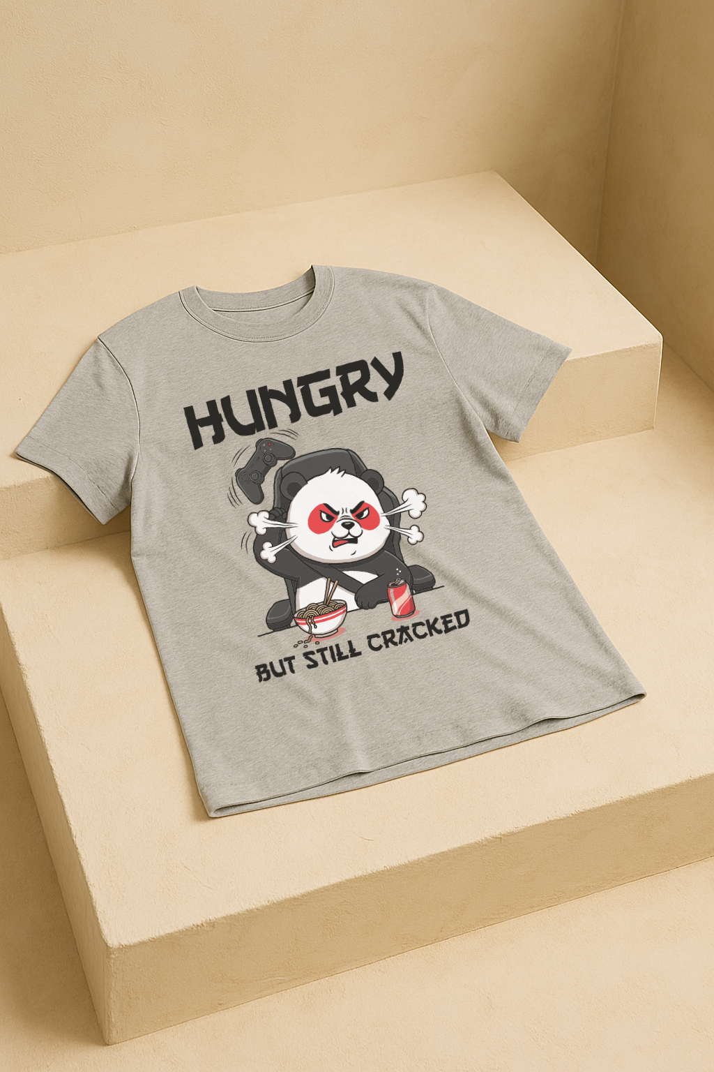 Hungry But Still Cracked โ Gamer Panda Graphic Tee (Melange Gray)