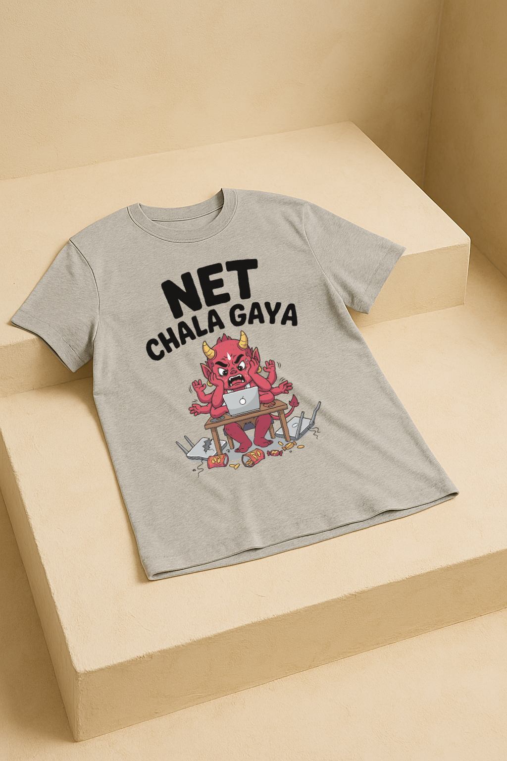 Net Chala Gaya โ Desi Gamer Rage Demon Tee (Melagne Gray)