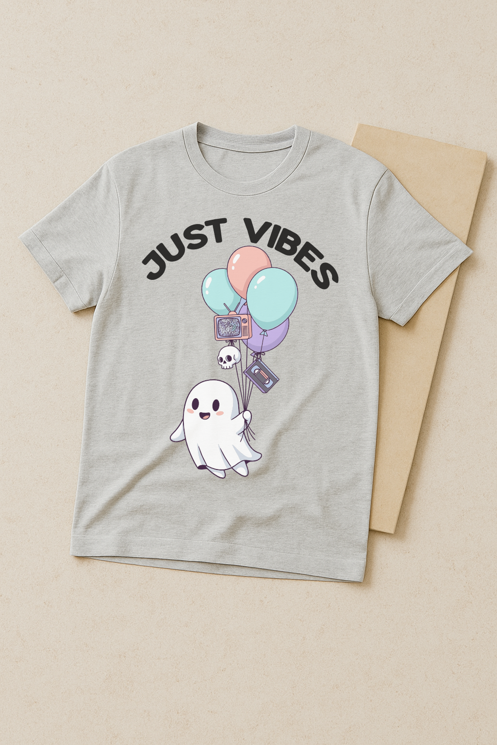Just Vibes – Cute Ghost Horror Aesthetic Tee (Melange Gray)