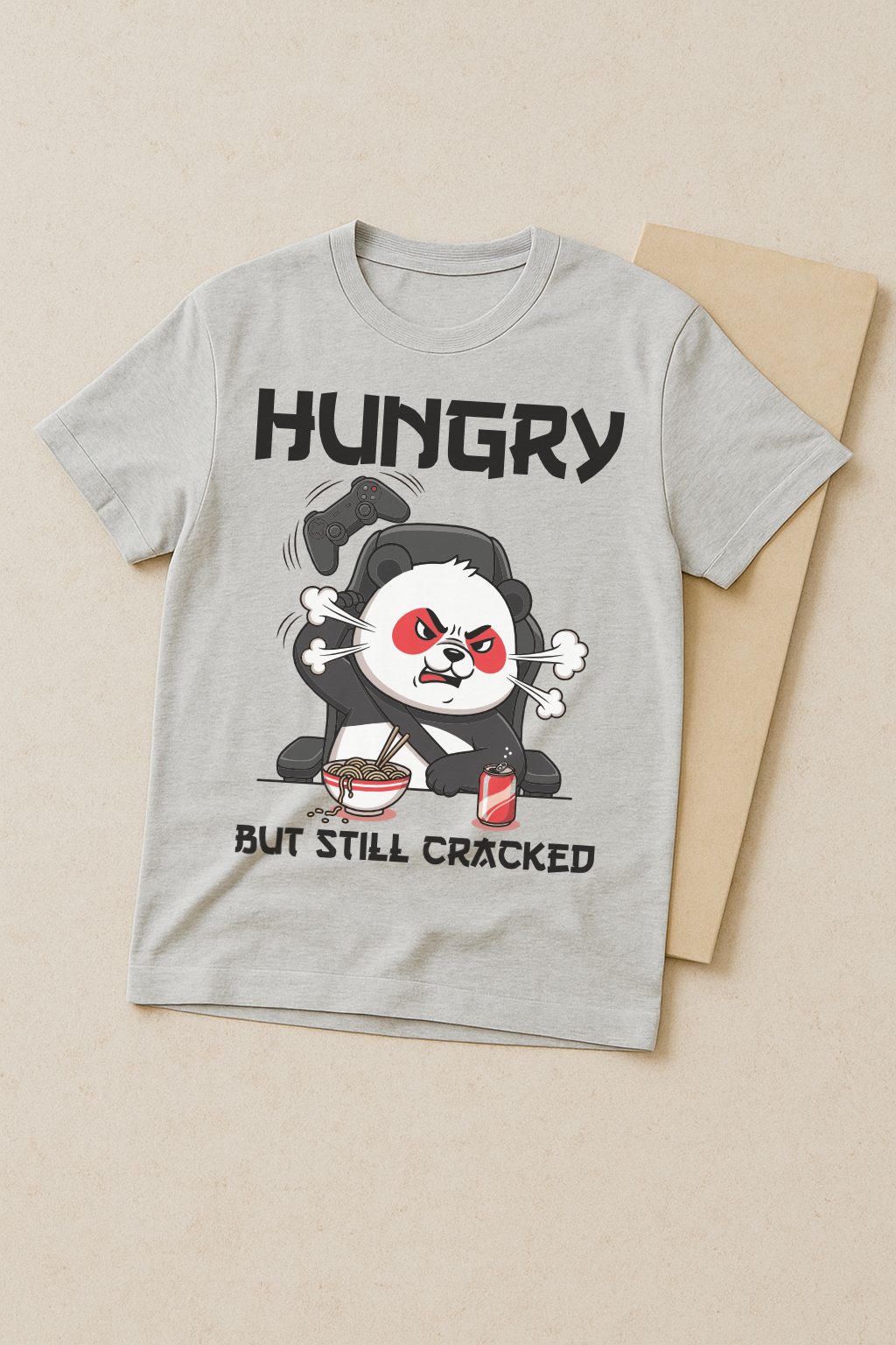 Hungry But Still Cracked โ Gamer Panda Graphic Tee (Melange Gray)
