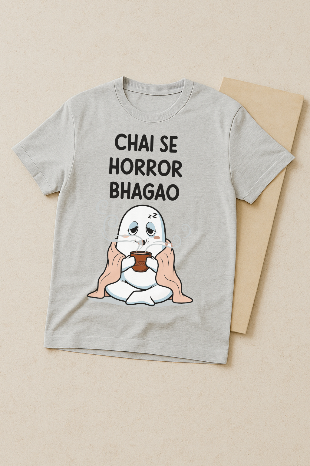 Chai Se Horror Bhagao β Desi Ghost Meme Tee (Melange Gray)