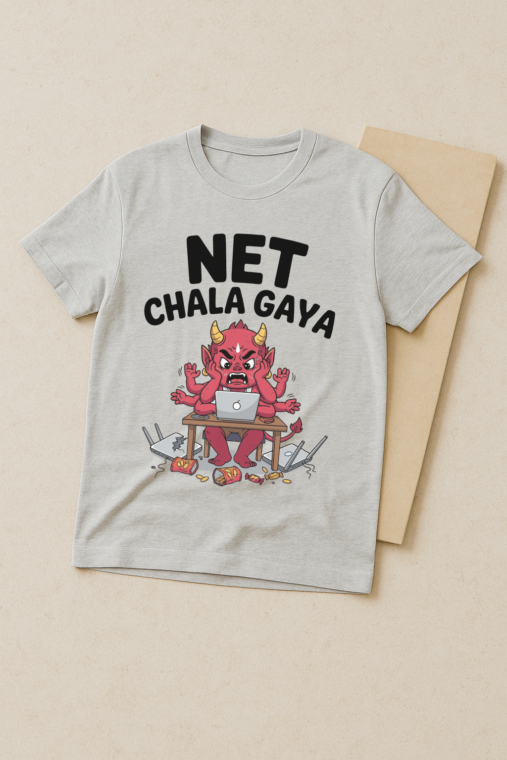 Net Chala Gaya โ Desi Gamer Rage Demon Tee (Melagne Gray)