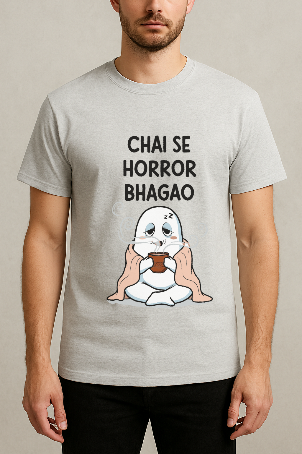 Chai Se Horror Bhagao β Desi Ghost Meme Tee (Melange Gray)