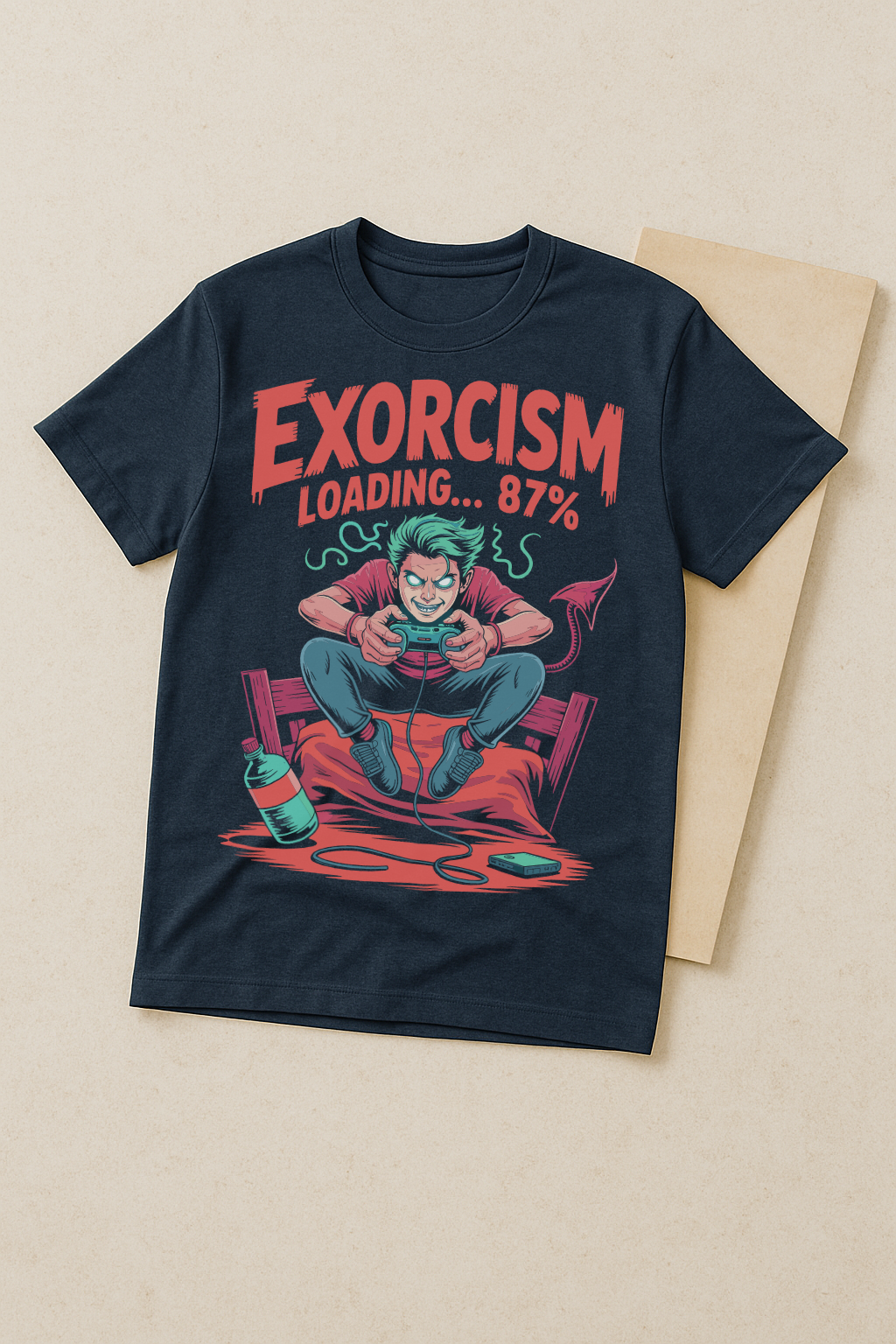 Exorcism Loading 87% – Gamer Horror Graphic Tee (Navy Blue)