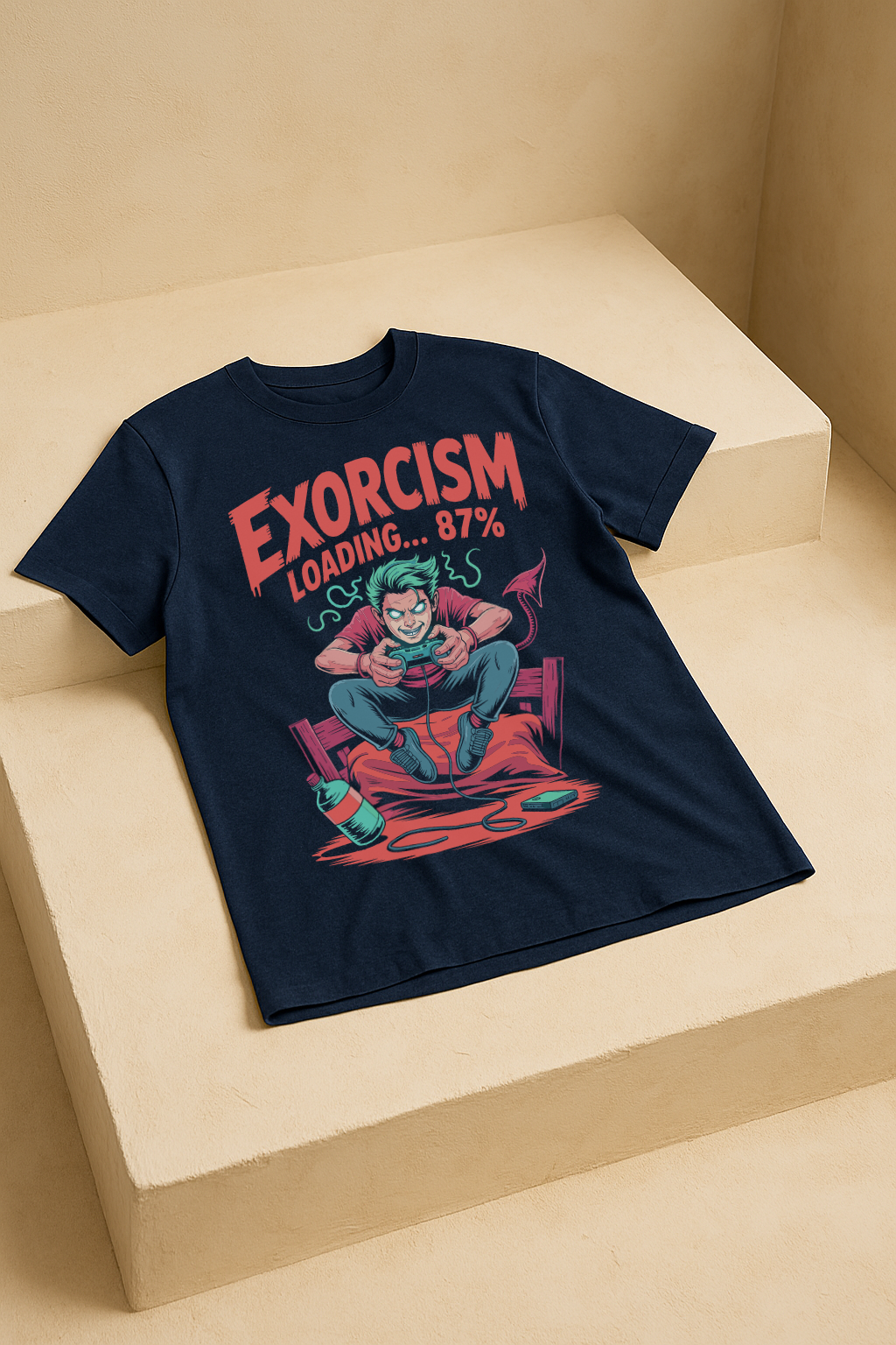 Exorcism Loading 87% – Gamer Horror Graphic Tee (Navy Blue)