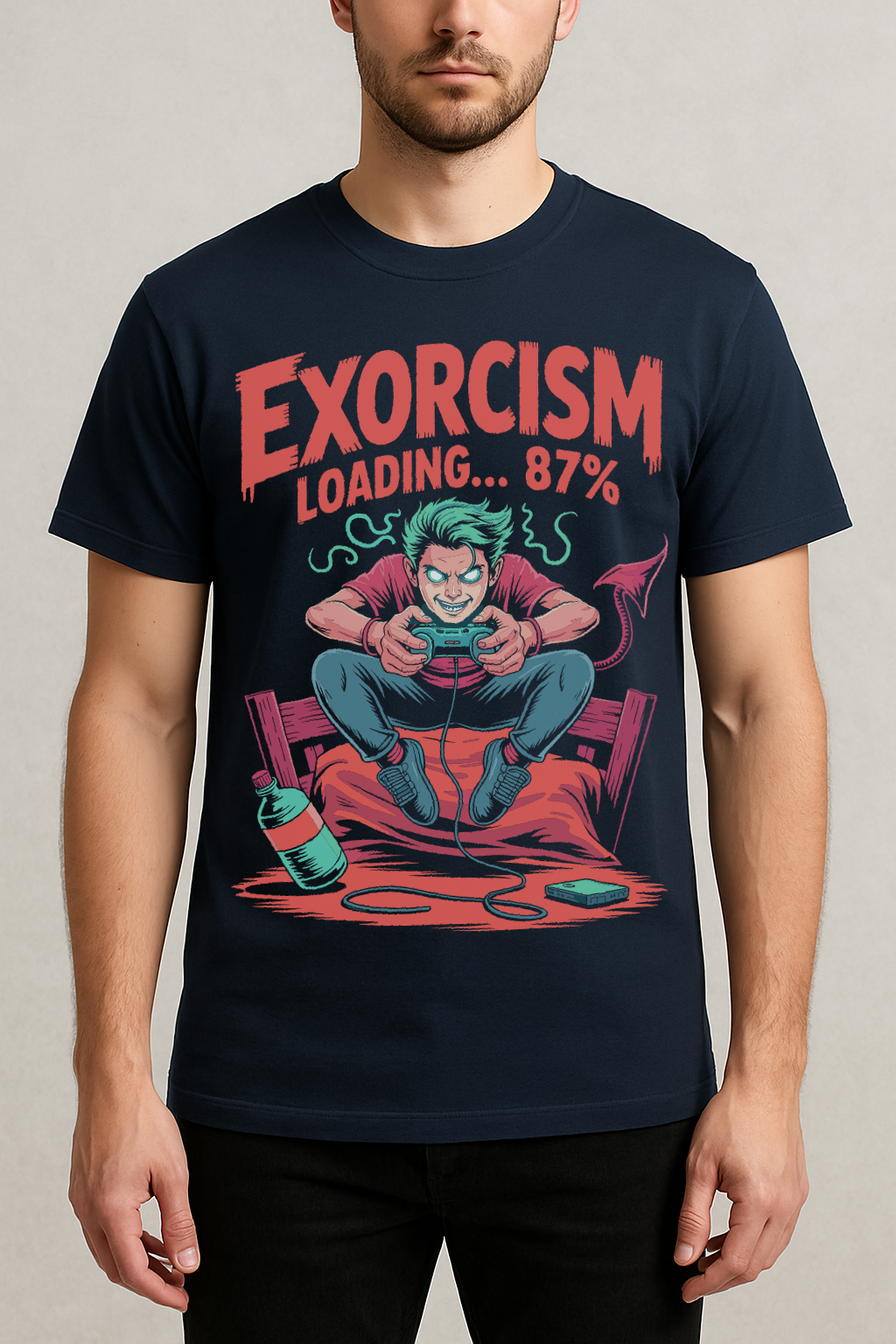 Exorcism Loading 87% – Gamer Horror Graphic Tee (Navy Blue)