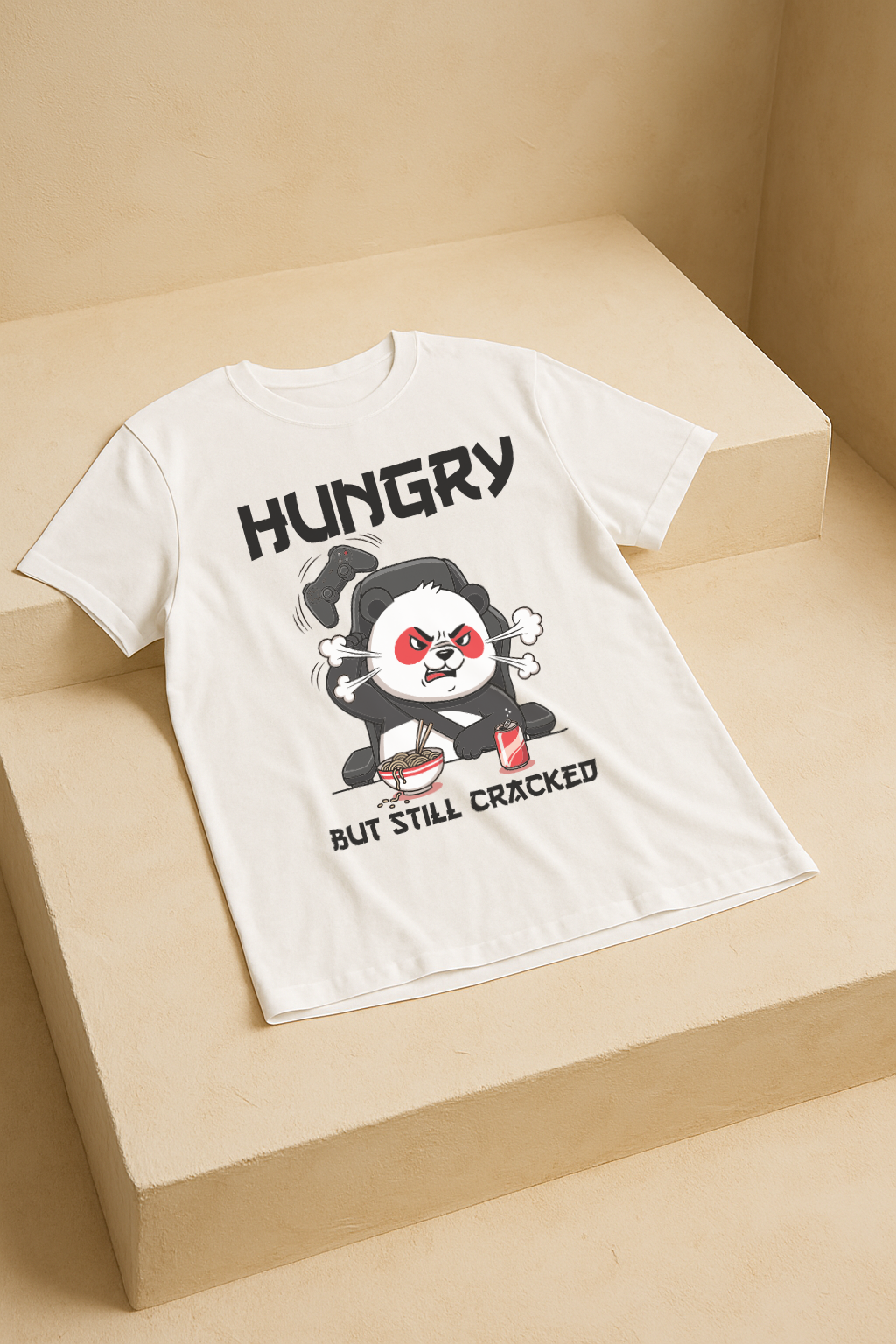 Hungry But Still Cracked โ Gamer Panda Graphic Tee (White)