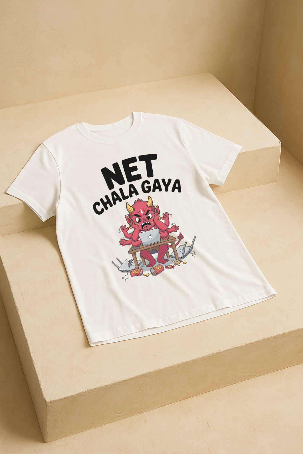 Net Chala Gaya โ Desi Gamer Rage Demon Tee (White)