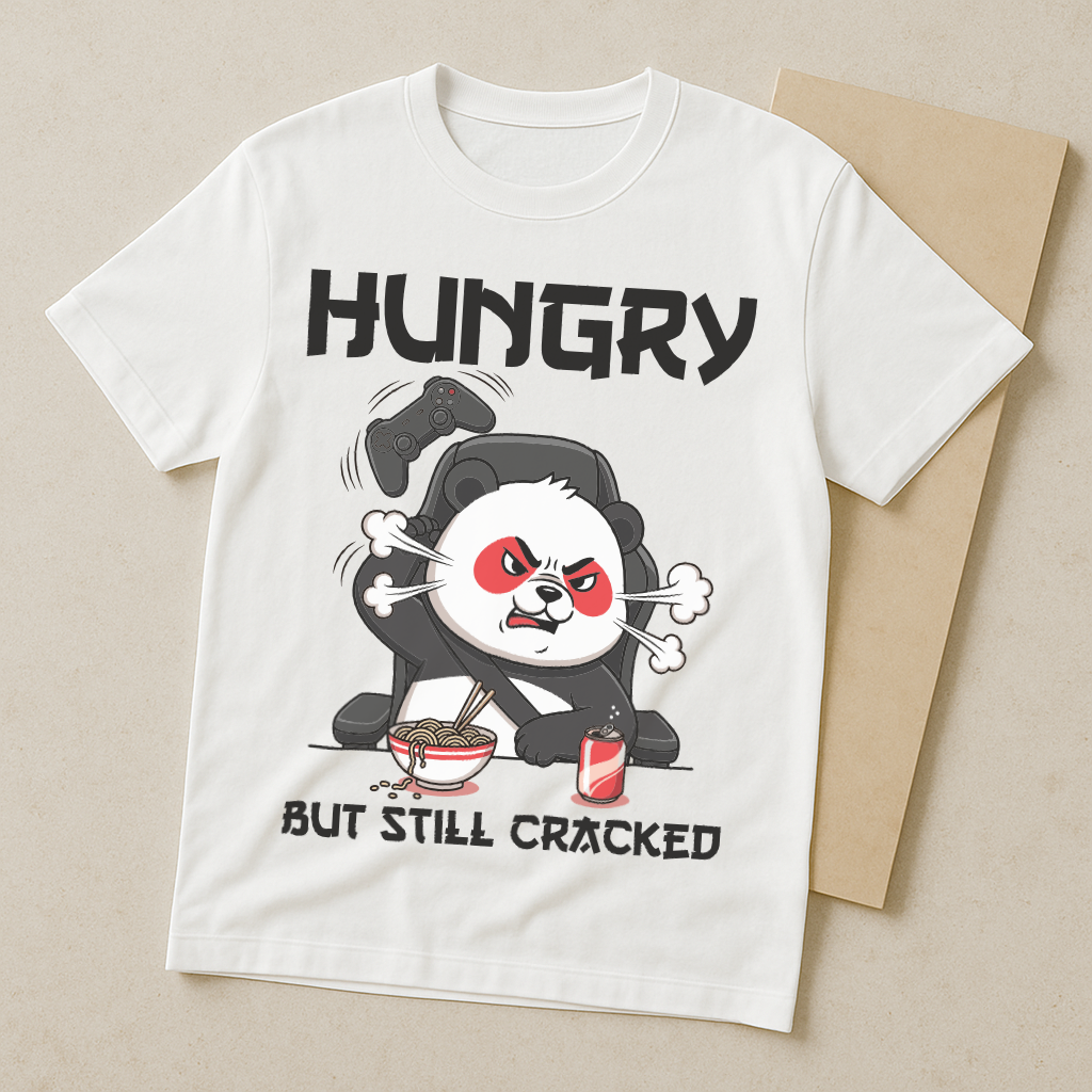 Hungry But Still Cracked โ Gamer Panda Graphic Tee (White)