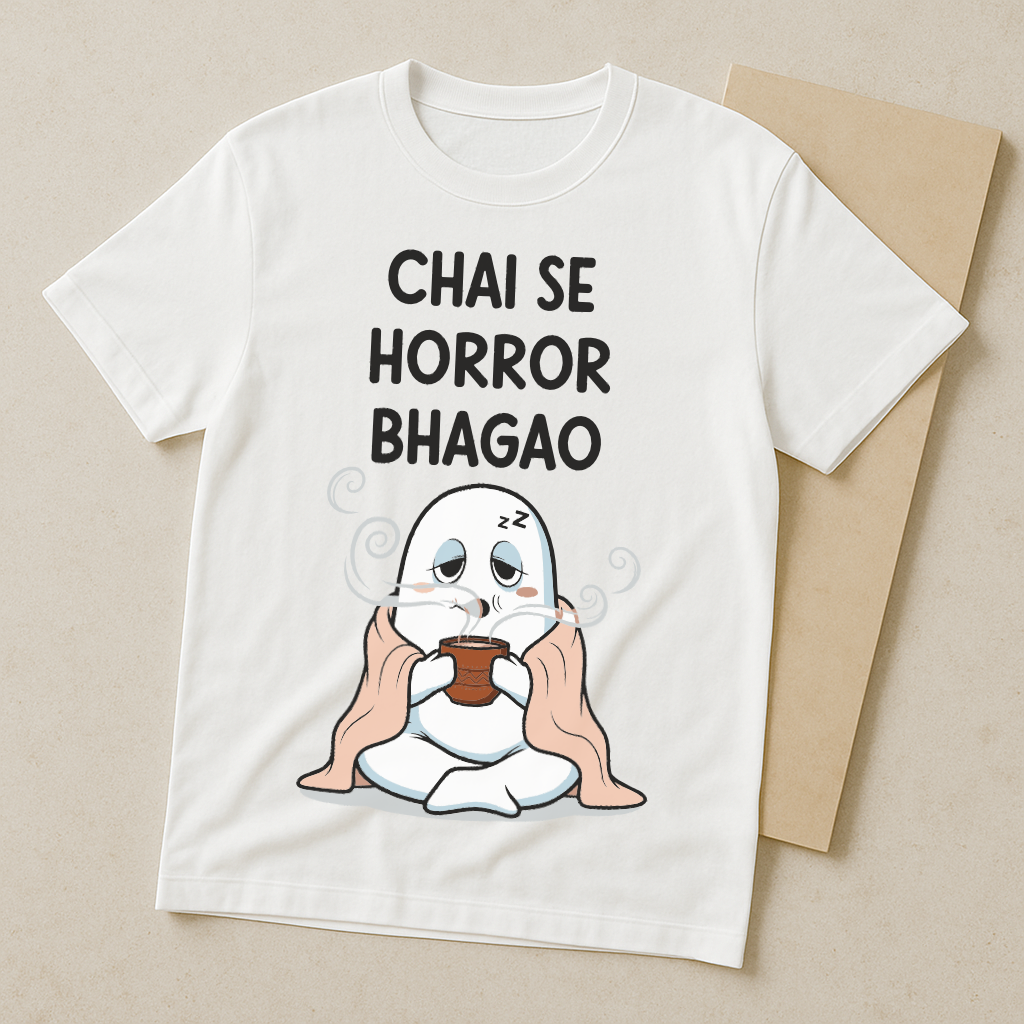 Chai Se Horror Bhagao β Desi Ghost Meme Tee (White)