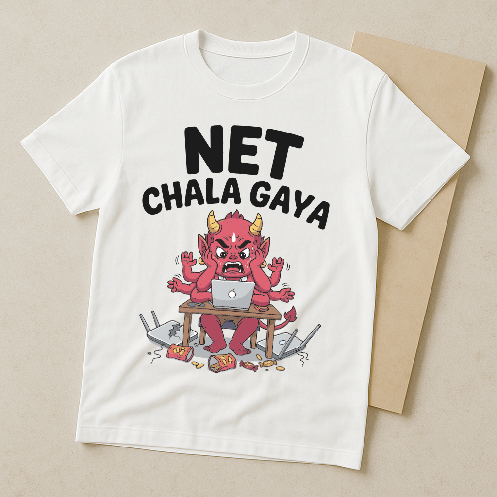 Net Chala Gaya โ Desi Gamer Rage Demon Tee (White)