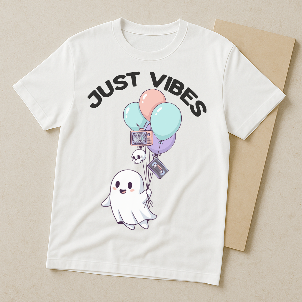 Just Vibes – Cute Ghost Horror Aesthetic Tee (White)