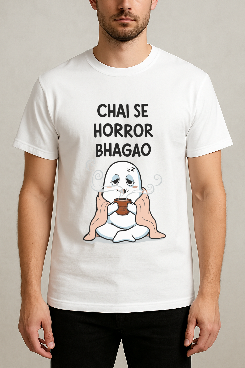 Chai Se Horror Bhagao β Desi Ghost Meme Tee (White)