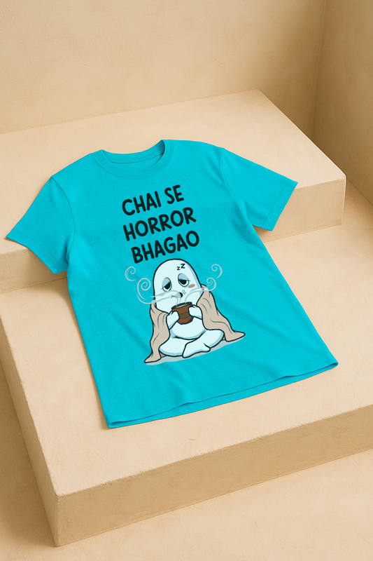 Chai Se Horror Bhagao – Desi Ghost Meme Tee (Aqua Blue)
