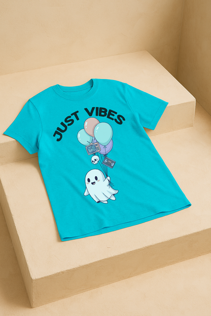 Just Vibes – Cute Ghost Horror Aesthetic Tee (Aqua Blue)