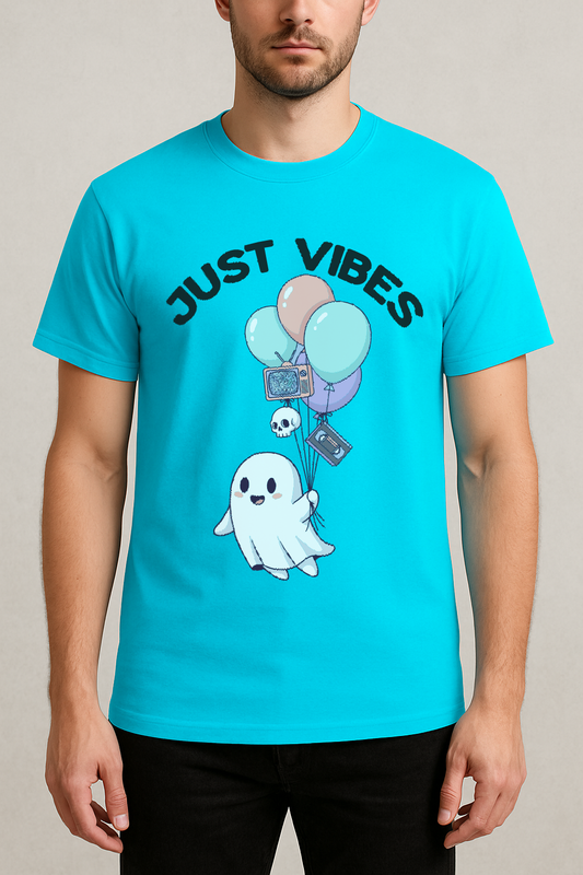 Just Vibes – Cute Ghost Horror Aesthetic Tee (Aqua Blue)