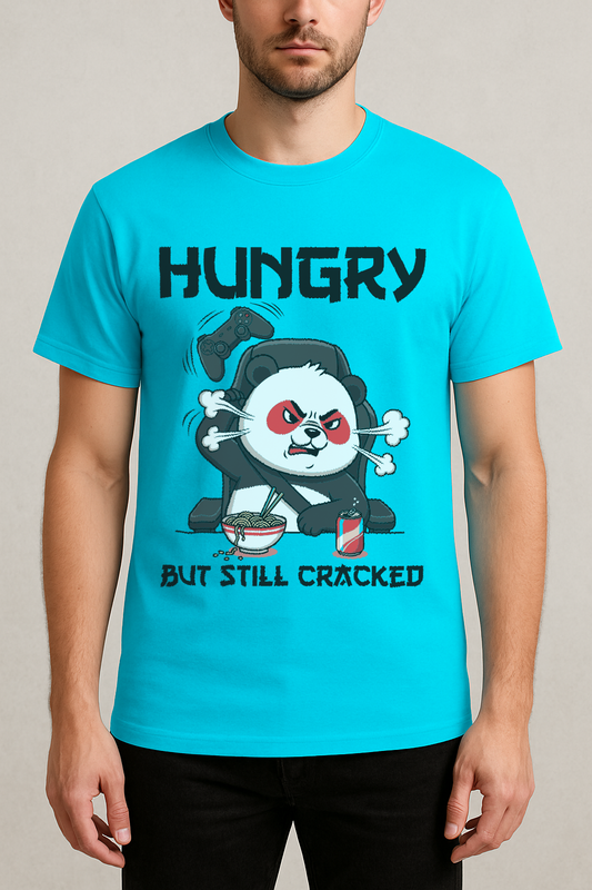 Hungry But Still Cracked – Gamer Panda Graphic Tee (Aqua Blue)