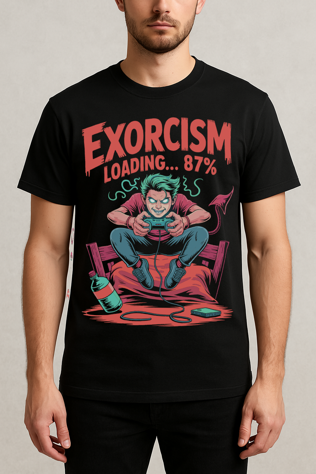 Exorcism Loading 87% – Gamer Horror Graphic Tee (Black)