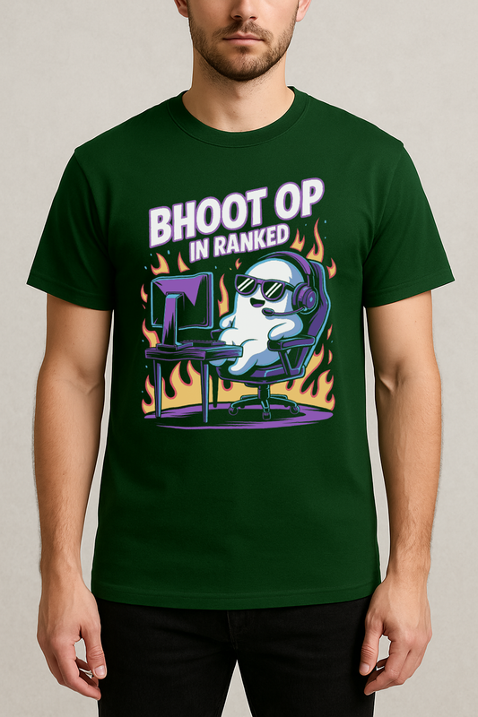Bhoot OP in Ranked – Ghost Gamer Meme Tee (Bottle Green)