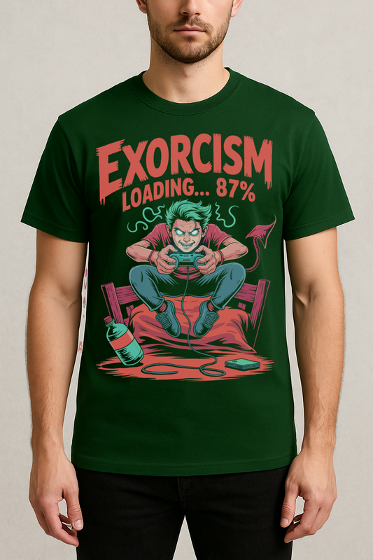 Exorcism Loading 87% – Gamer Horror Graphic Tee (Bottle Green)