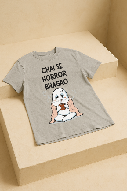 Chai Se Horror Bhagao – Desi Ghost Meme Tee (Melange Gray)