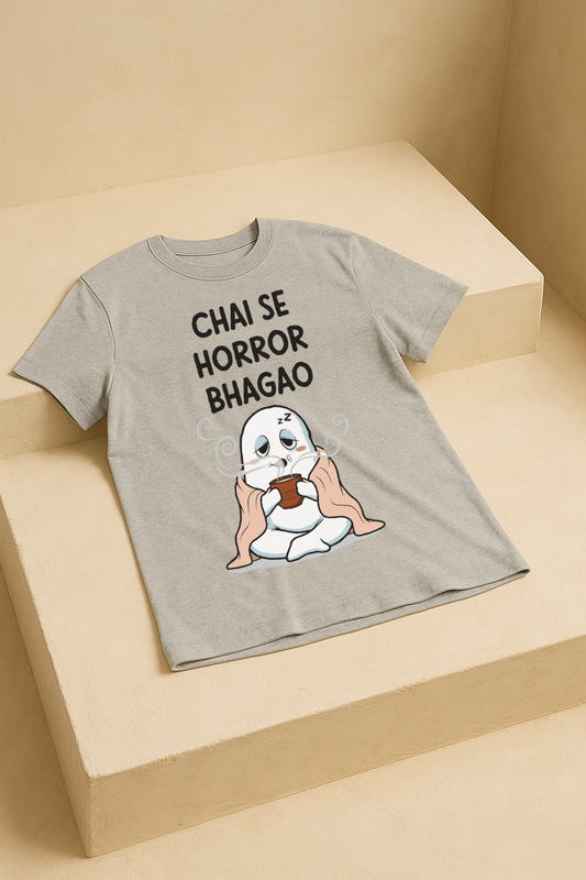 Chai Se Horror Bhagao – Desi Ghost Meme Tee (Melange Gray)