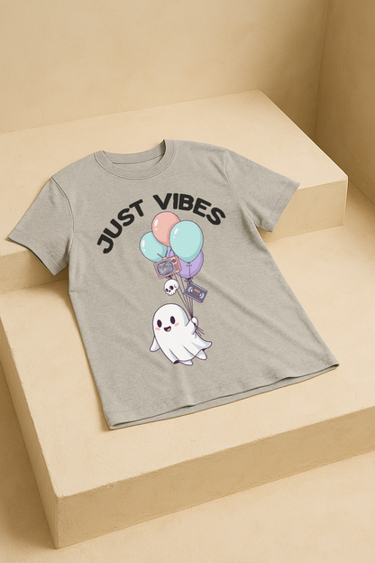 Just Vibes – Cute Ghost Horror Aesthetic Tee (Melange Gray)