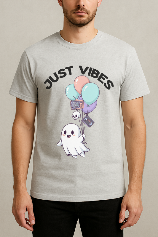 Just Vibes – Cute Ghost Horror Aesthetic Tee (Melange Gray)