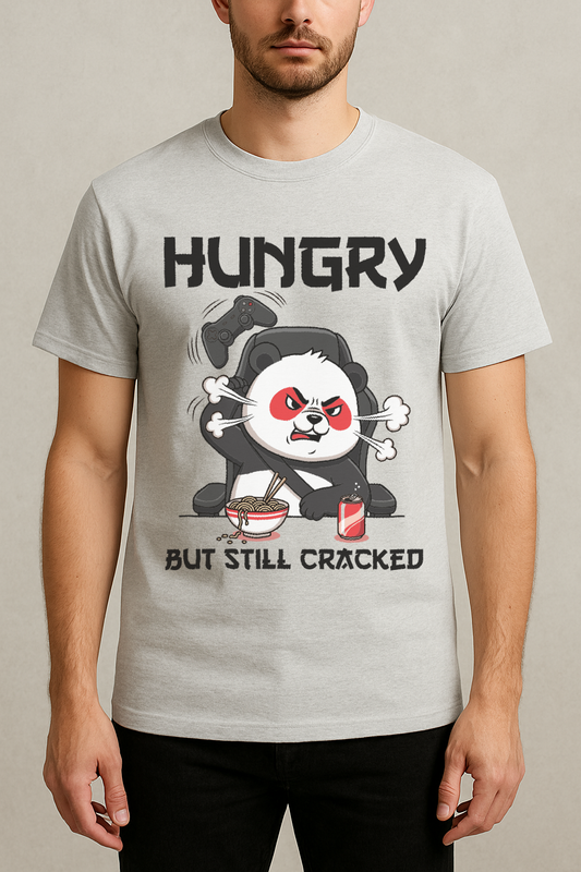 Hungry But Still Cracked – Gamer Panda Graphic Tee (Melange Gray)