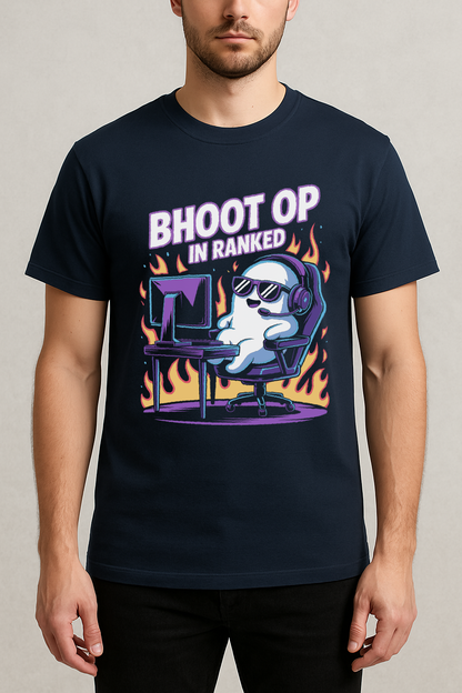 Bhoot OP in Ranked – Ghost Gamer Meme Tee (Navy Blue)