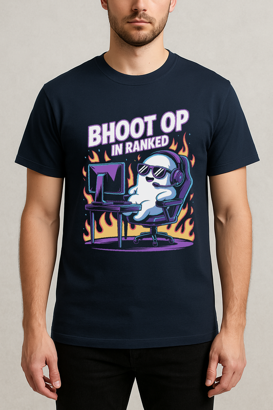 Bhoot OP in Ranked – Ghost Gamer Meme Tee (Navy Blue)