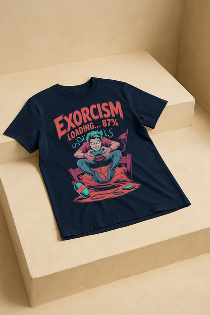Exorcism Loading 87% – Gamer Horror Graphic Tee (Navy Blue)