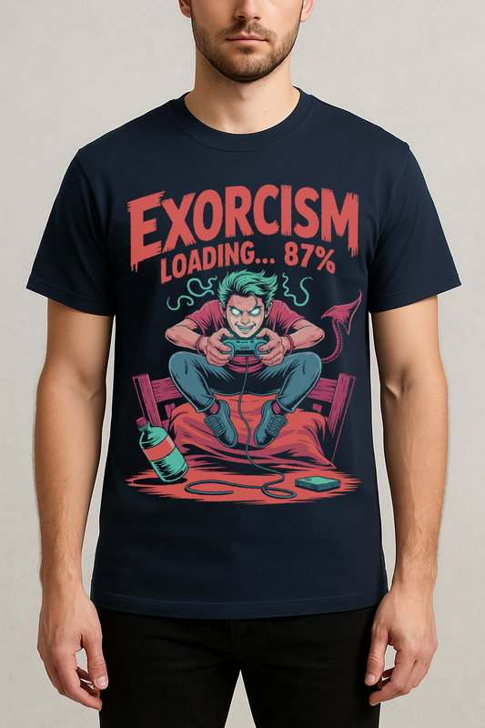 Exorcism Loading 87% – Gamer Horror Graphic Tee (Navy Blue)