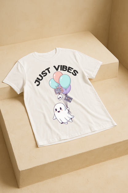 Just Vibes – Cute Ghost Horror Aesthetic Tee (White)