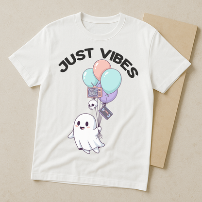 Just Vibes – Cute Ghost Horror Aesthetic Tee (White)