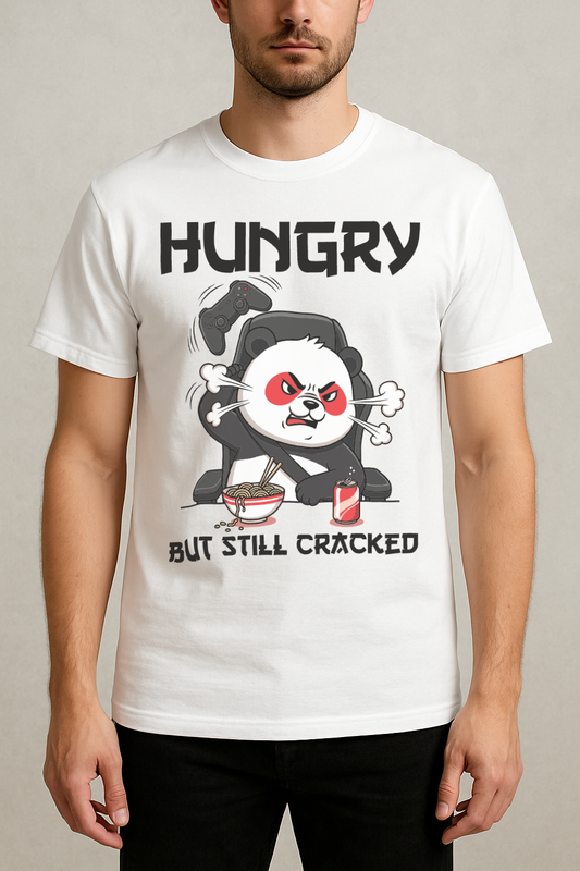 Hungry But Still Cracked – Gamer Panda Graphic Tee (White)